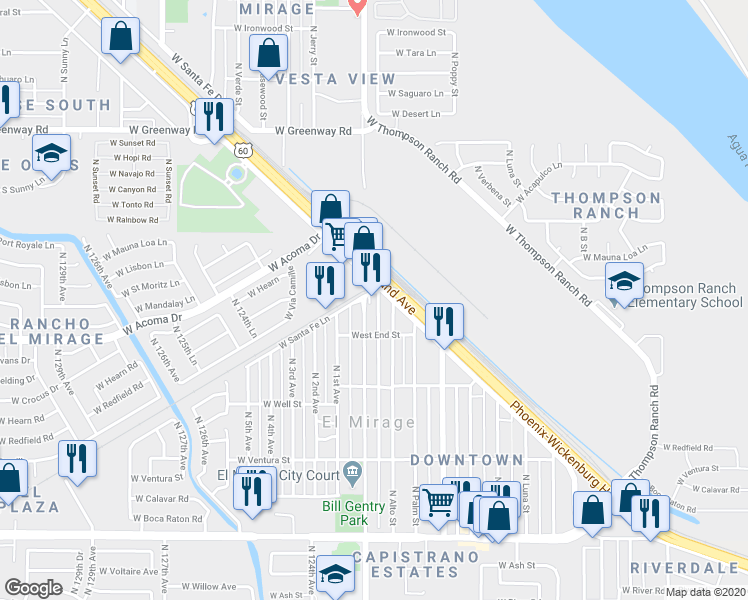 map of restaurants, bars, coffee shops, grocery stores, and more near 12245 West Santa Fe Lane in El Mirage