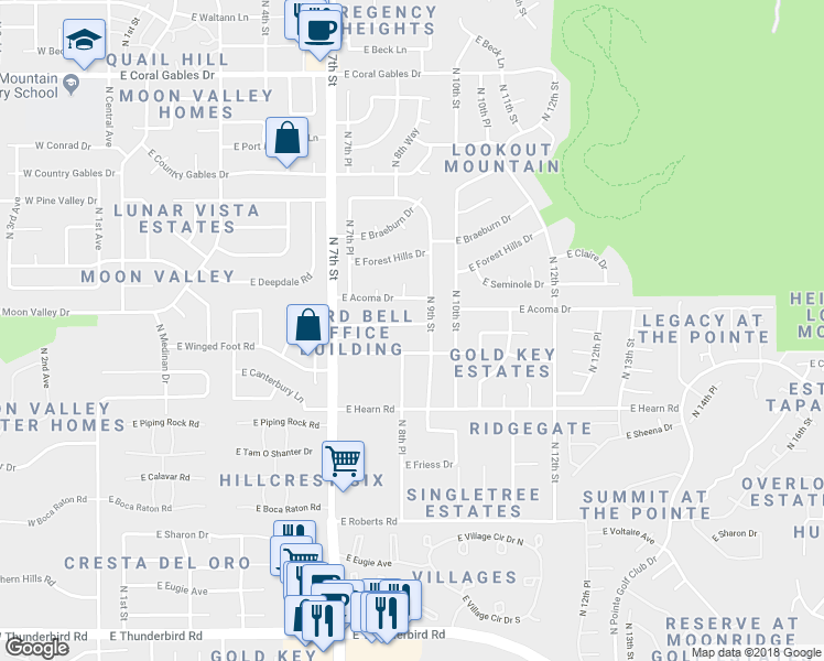 map of restaurants, bars, coffee shops, grocery stores, and more near 825 East Meadow Lane in Phoenix