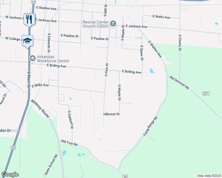 map of restaurants, bars, coffee shops, grocery stores, and more near 663 South Pine Street in Monticello