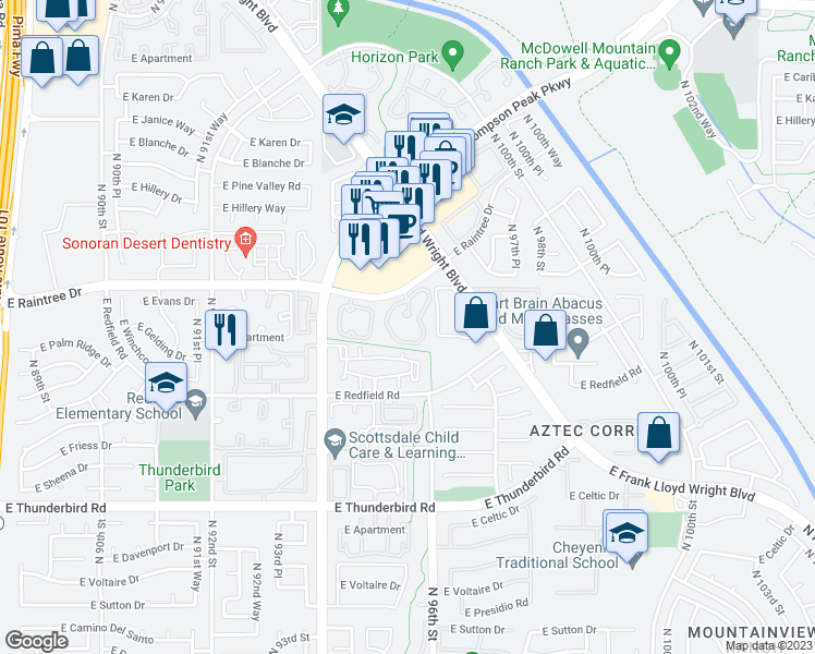 map of restaurants, bars, coffee shops, grocery stores, and more near 9555 East Raintree Drive in Scottsdale