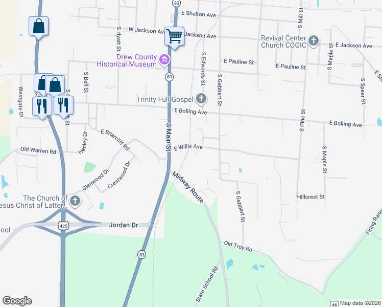 map of restaurants, bars, coffee shops, grocery stores, and more near 173 Willis Lane in Monticello