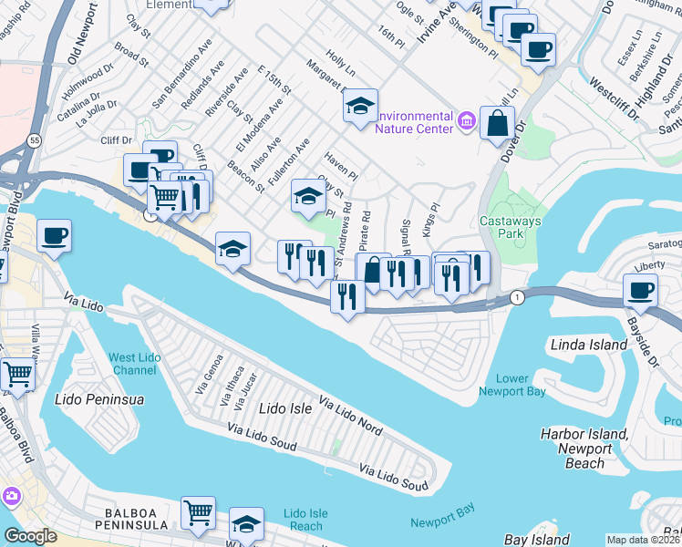 map of restaurants, bars, coffee shops, grocery stores, and more near 1100 Cliff Drive in Newport Beach