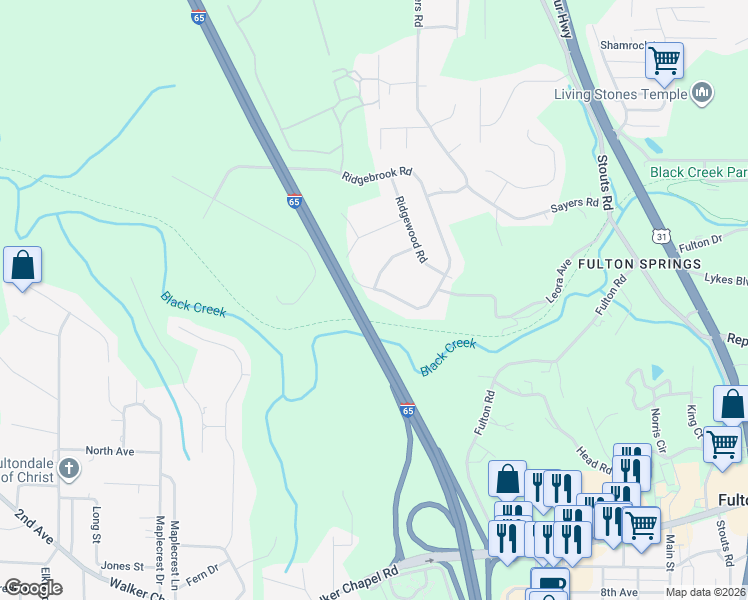 map of restaurants, bars, coffee shops, grocery stores, and more near 2104 Ridgebrook Road in Fultondale