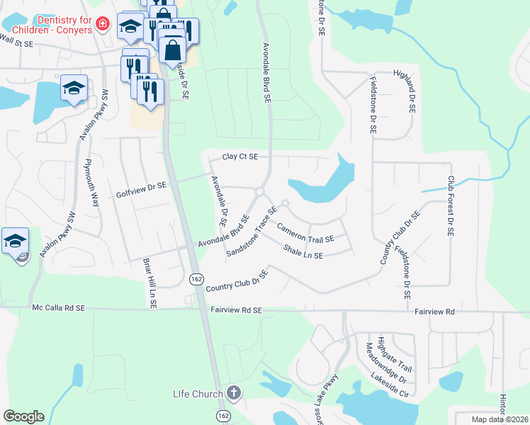 map of restaurants, bars, coffee shops, grocery stores, and more near 3534 Mica Circle Southeast in Conyers