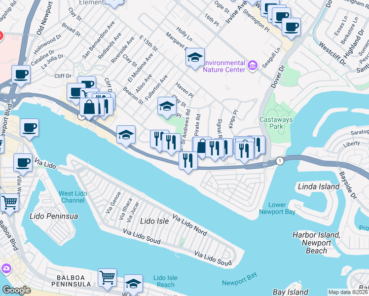 map of restaurants, bars, coffee shops, grocery stores, and more near 1210 Kings Road in Newport Beach