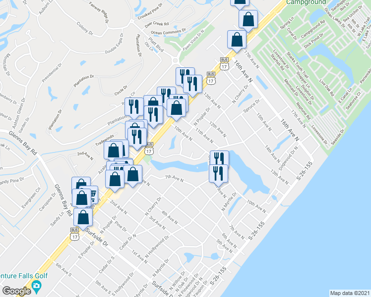 map of restaurants, bars, coffee shops, grocery stores, and more near 911 North Poplar Drive in Surfside Beach