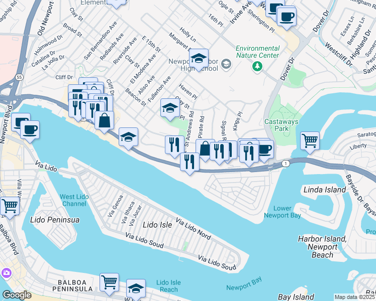 map of restaurants, bars, coffee shops, grocery stores, and more near 1210 Kings Road in Newport Beach