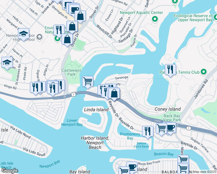 map of restaurants, bars, coffee shops, grocery stores, and more near 129 Liberty in Newport Beach