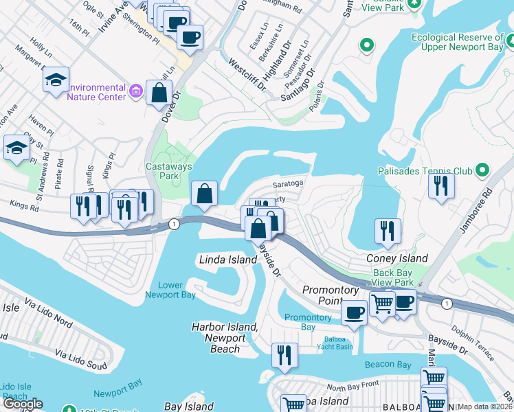 map of restaurants, bars, coffee shops, grocery stores, and more near 129 Liberty in Newport Beach
