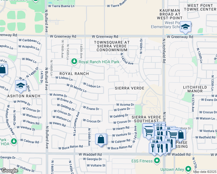 map of restaurants, bars, coffee shops, grocery stores, and more near 14301 West Banff Lane in Surprise