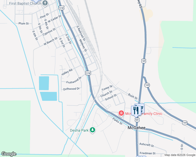 map of restaurants, bars, coffee shops, grocery stores, and more near 1208 Short Railroad Street in McGehee