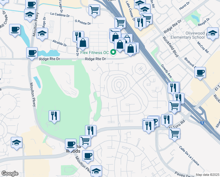 map of restaurants, bars, coffee shops, grocery stores, and more near 2299 Via Puerta in Laguna Woods