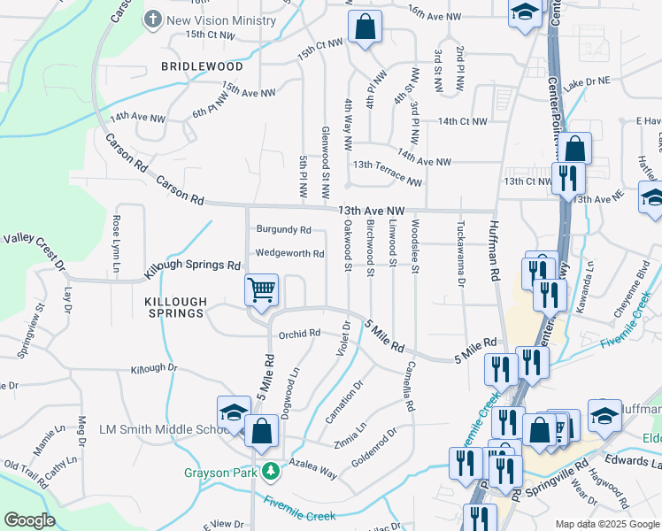 map of restaurants, bars, coffee shops, grocery stores, and more near 1129 Roebuck Lawn Drive in Birmingham