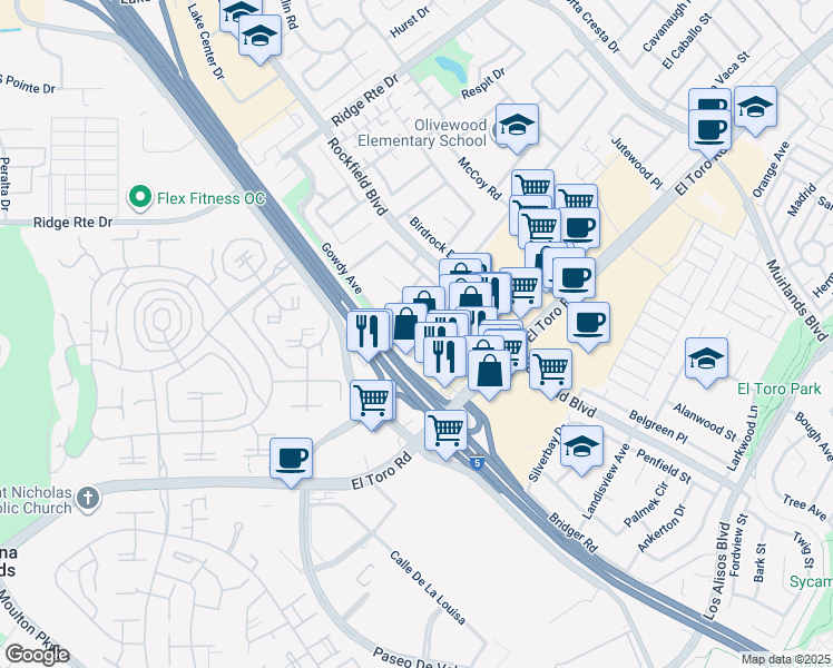 map of restaurants, bars, coffee shops, grocery stores, and more near 23732 Cavanaugh Road in Lake Forest
