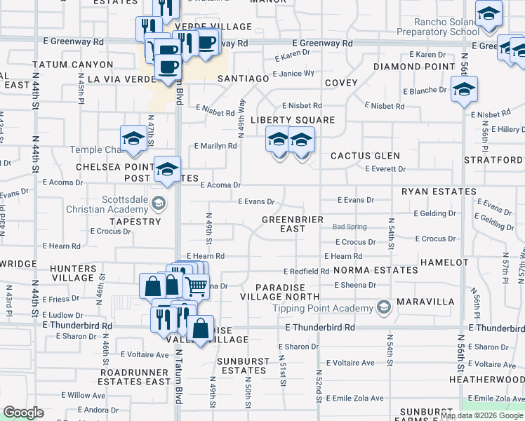 map of restaurants, bars, coffee shops, grocery stores, and more near 4980 East Evans Drive in Scottsdale