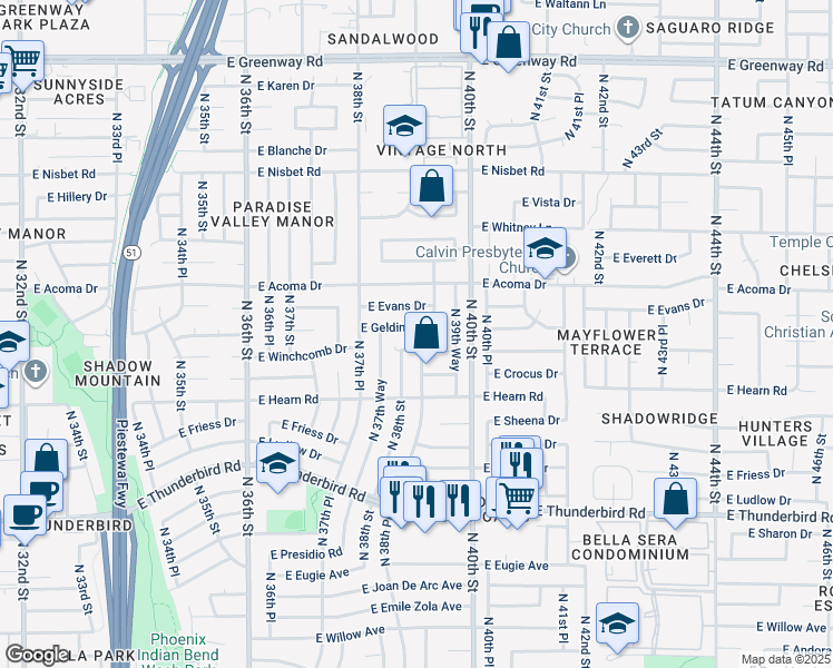 map of restaurants, bars, coffee shops, grocery stores, and more near 3832 East Gelding Drive in Phoenix