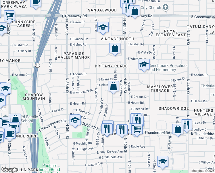 map of restaurants, bars, coffee shops, grocery stores, and more near 3802 East Gelding Drive in Phoenix