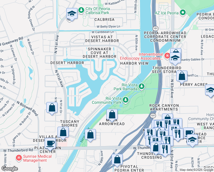 map of restaurants, bars, coffee shops, grocery stores, and more near 14536 North 87th Drive in Peoria