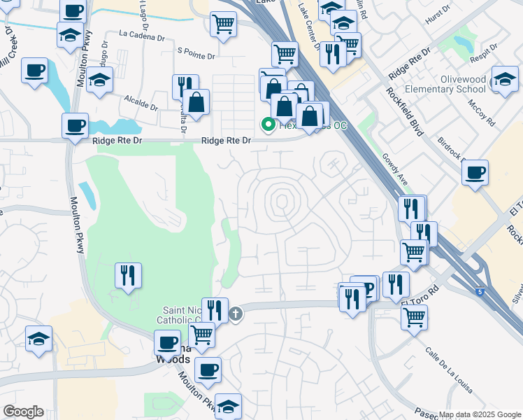 map of restaurants, bars, coffee shops, grocery stores, and more near 2317 Via Puerta in Laguna Woods