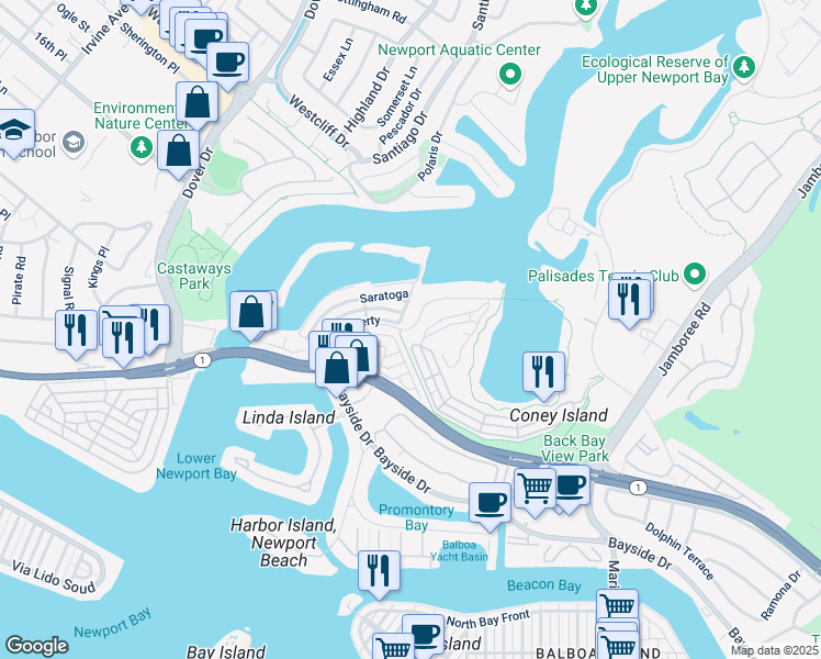 map of restaurants, bars, coffee shops, grocery stores, and more near 142 Liberty in Newport Beach