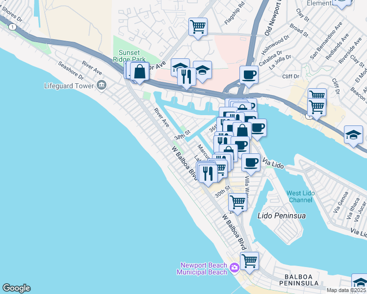 map of restaurants, bars, coffee shops, grocery stores, and more near 3711 Lake Avenue in Newport Beach