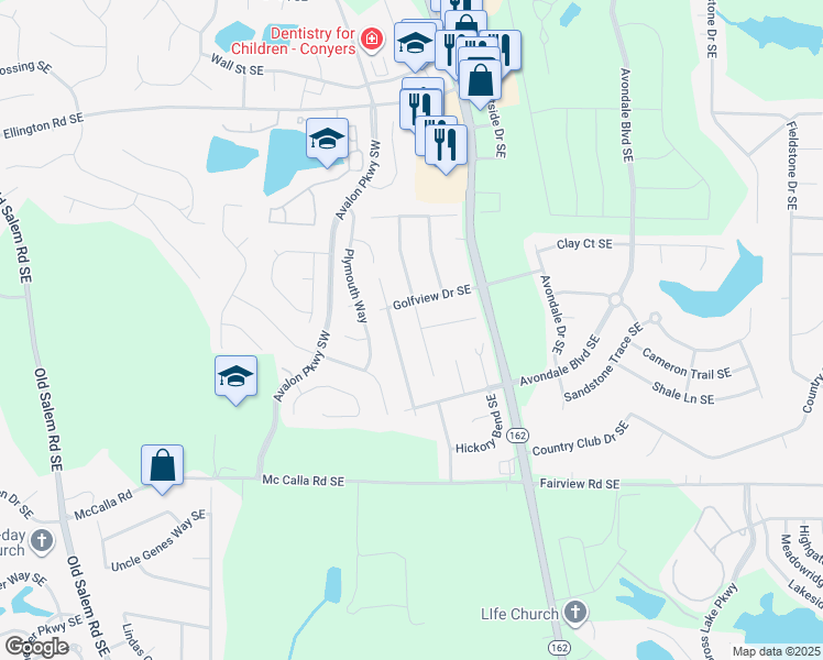 map of restaurants, bars, coffee shops, grocery stores, and more near 2113 Golfview Drive Southeast in Conyers