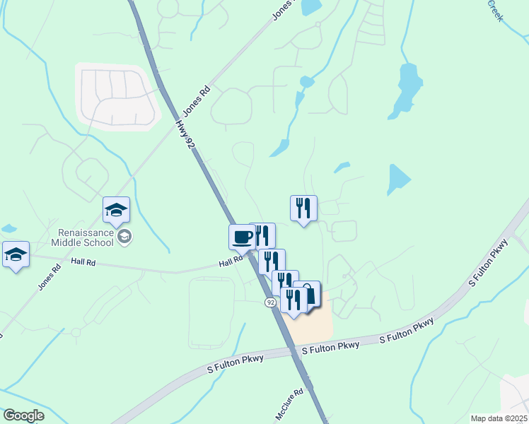map of restaurants, bars, coffee shops, grocery stores, and more near 826 Bentley Drive in Fairburn