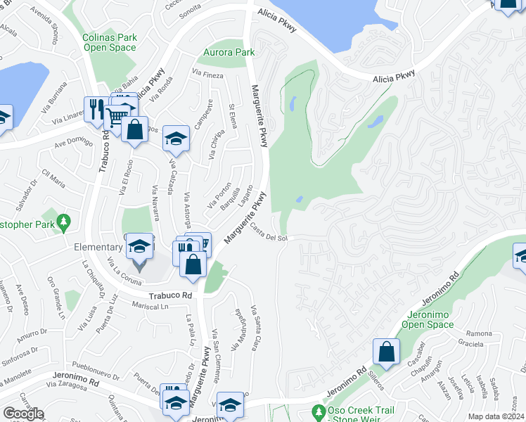 map of restaurants, bars, coffee shops, grocery stores, and more near 23792 Marguerite Parkway in Mission Viejo