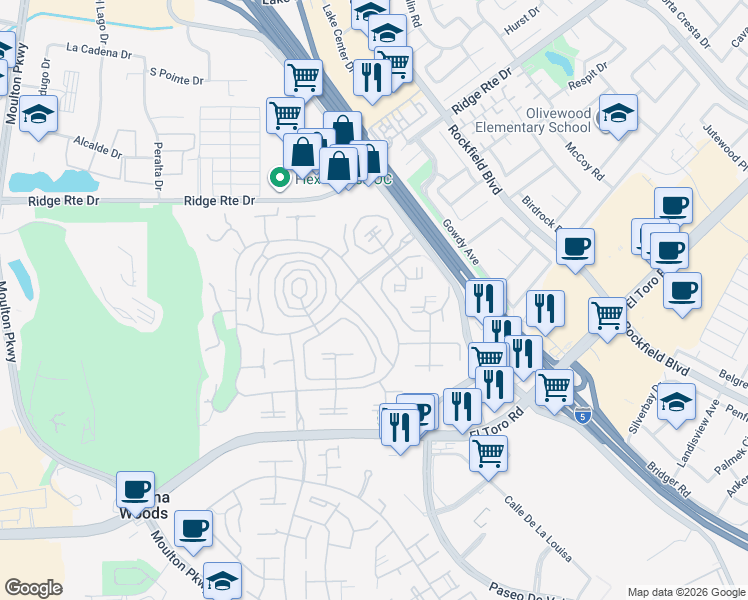 map of restaurants, bars, coffee shops, grocery stores, and more near Via Mariposa East in Laguna Woods
