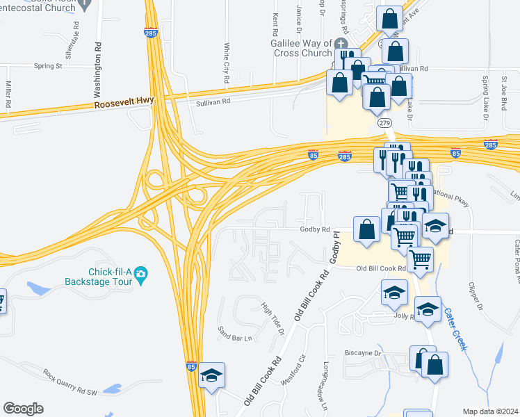 map of restaurants, bars, coffee shops, grocery stores, and more near 2839 Windsor Forrest Court in College Park
