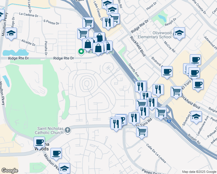 map of restaurants, bars, coffee shops, grocery stores, and more near Via Mariposa East in Laguna Woods