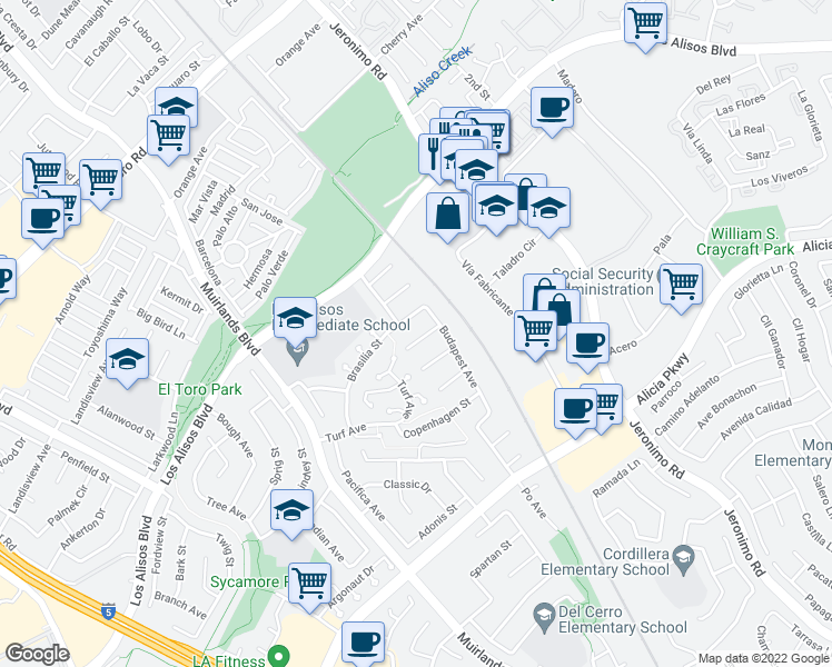 map of restaurants, bars, coffee shops, grocery stores, and more near 23735 Singapore Street in Mission Viejo