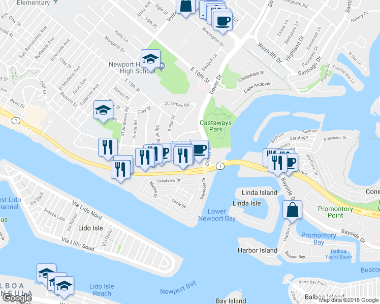 map of restaurants, bars, coffee shops, grocery stores, and more near 101 Kings Place in Newport Beach