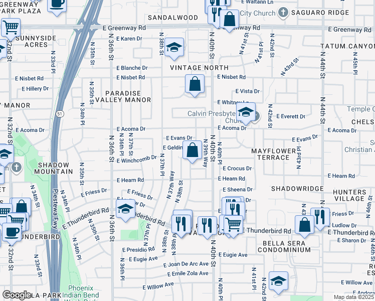 map of restaurants, bars, coffee shops, grocery stores, and more near 3832 East Gelding Drive in Phoenix
