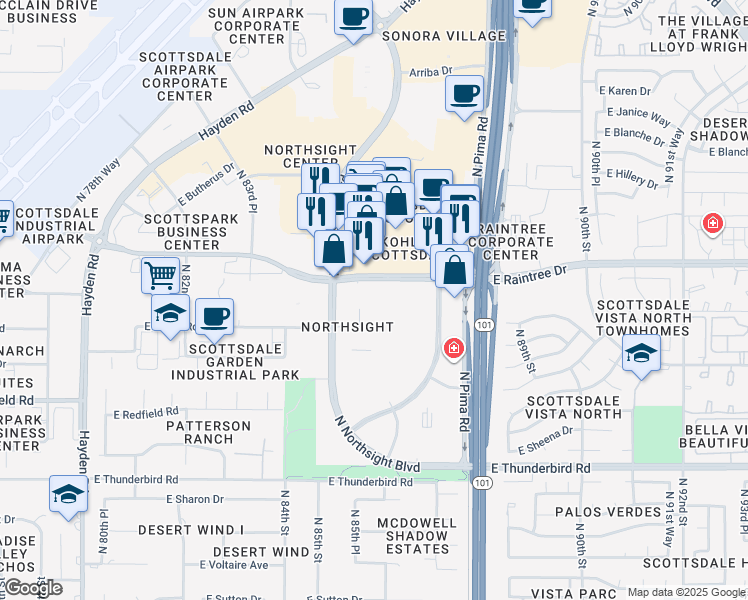 map of restaurants, bars, coffee shops, grocery stores, and more near 8638 East Raintree Drive in Scottsdale
