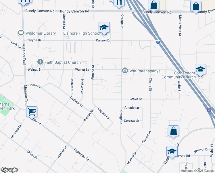 map of restaurants, bars, coffee shops, grocery stores, and more near 21890 Boggs Lane in Wildomar