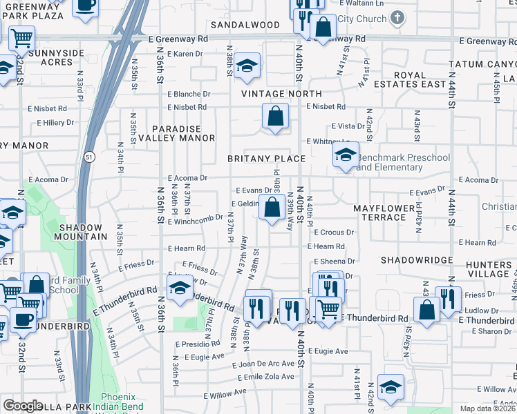 map of restaurants, bars, coffee shops, grocery stores, and more near 3802 East Gelding Drive in Phoenix