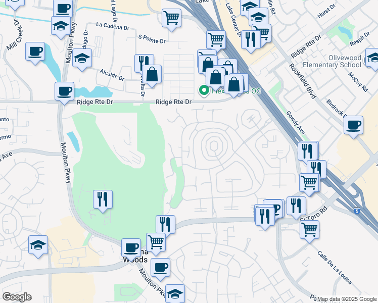 map of restaurants, bars, coffee shops, grocery stores, and more near Via Mariposa West in Laguna Woods