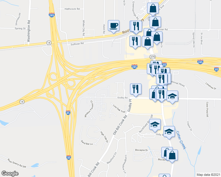 map of restaurants, bars, coffee shops, grocery stores, and more near 5076 Windsor Forrest Lane in College Park