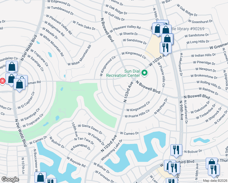 map of restaurants, bars, coffee shops, grocery stores, and more near 10522 West Bellarose Drive in Sun City