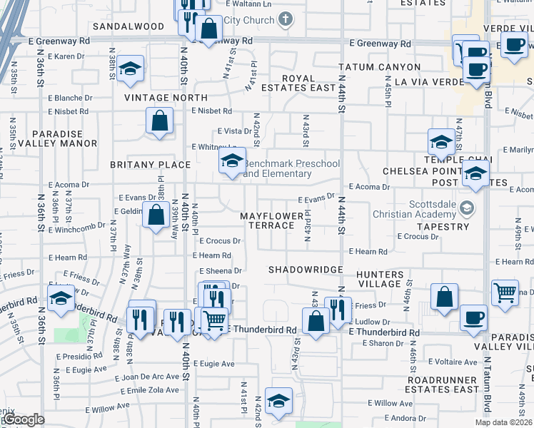 map of restaurants, bars, coffee shops, grocery stores, and more near 4201 East Evans Drive in Phoenix