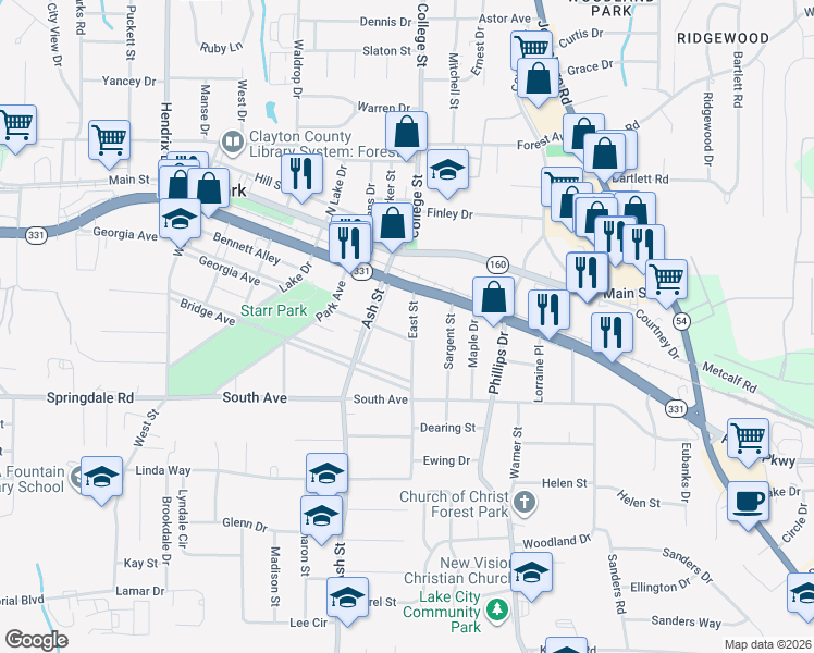 map of restaurants, bars, coffee shops, grocery stores, and more near 871 Forest Parkway in Forest Park