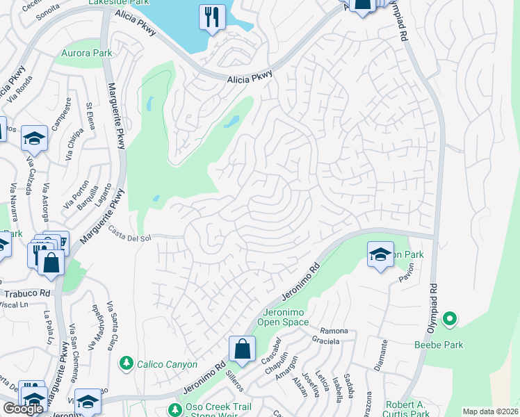 map of restaurants, bars, coffee shops, grocery stores, and more near 28021 Calle Casal in Mission Viejo