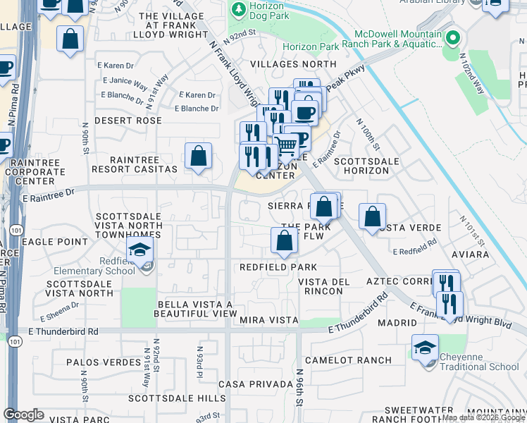map of restaurants, bars, coffee shops, grocery stores, and more near East Raintree Drive in Scottsdale