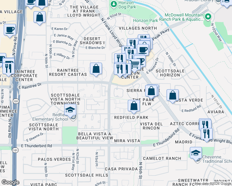map of restaurants, bars, coffee shops, grocery stores, and more near 9455 East Raintree Drive in Scottsdale