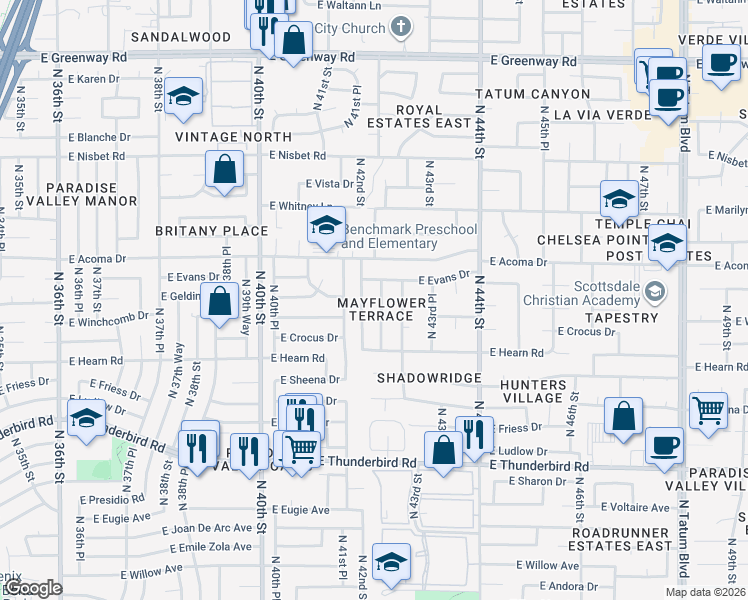 map of restaurants, bars, coffee shops, grocery stores, and more near 4201 East Evans Drive in Phoenix