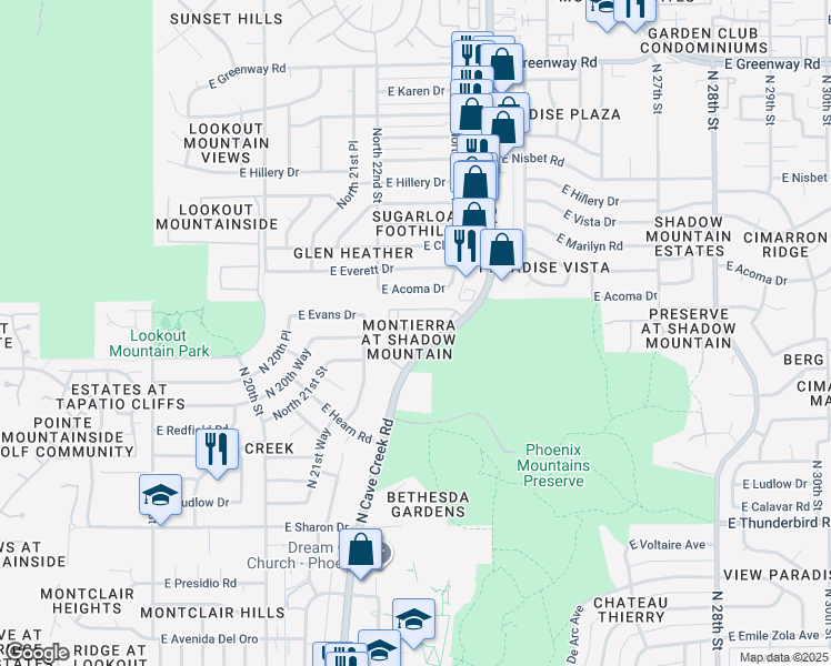 map of restaurants, bars, coffee shops, grocery stores, and more near 2334 East Gelding Drive in Phoenix