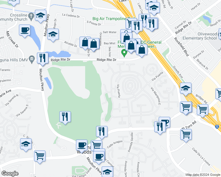 map of restaurants, bars, coffee shops, grocery stores, and more near 2396 Via Mariposa West in Laguna Woods