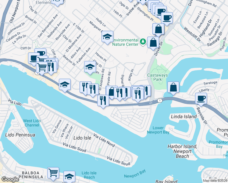 map of restaurants, bars, coffee shops, grocery stores, and more near 830 Cliff Drive in Newport Beach