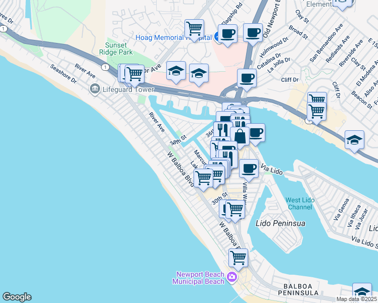 map of restaurants, bars, coffee shops, grocery stores, and more near 3602 1/2 Marcus Avenue in Newport Beach